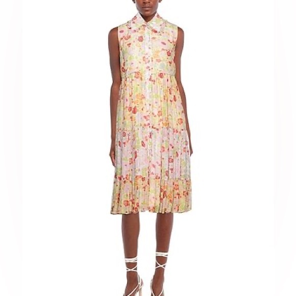 Manoush Floral Yellow Metallic Silver Pastel Ruffle Chiffon Midi Dress - 10 - Picture 2 of 16